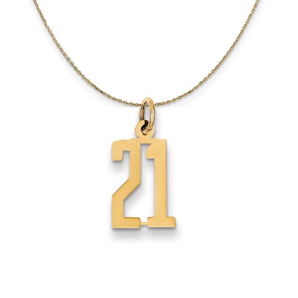 14k Yellow Gold, Alumni Small Elongated Number 21 Necklace - 20 Inch - Picture 1 of 6